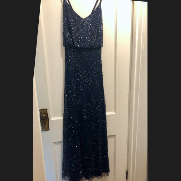 Adrianna Papell Beaded Blouson Gown Navy - Picture 3 of 6
